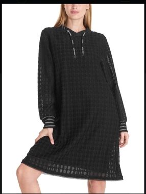 Black Mesh Hoodie Dress with Dot Pattern